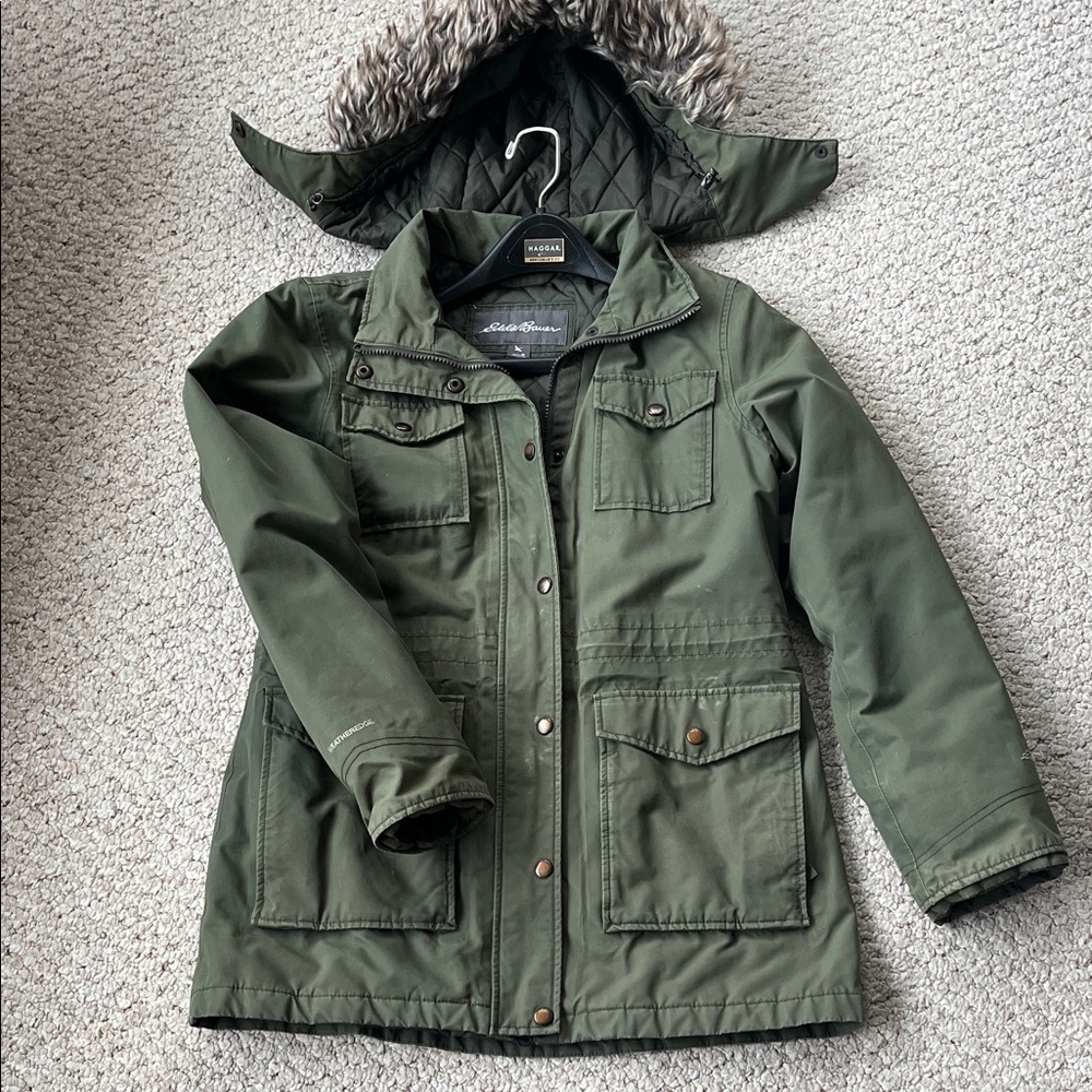 Eddie Bauer Olive Coat with Faux Fur Trim